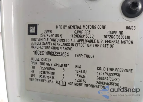 2003 Chevrolet Silverado 1500 Ls из США, поврежденный, VIN 1GCEC14V03Z352634